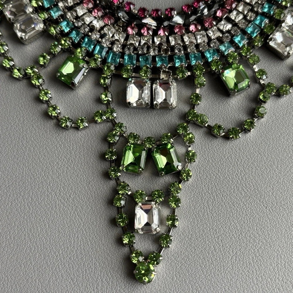 Vintage Juicy Couture Pink Green Rhinestone Statement Bib Necklace 15